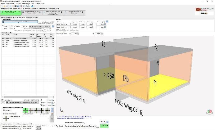 Die neue Version der Ziegel-Bauphysiksoftware Modul Schall 4.0 bietet eine 3-D-Funktion für den Nachweis innerhalb von Gebäuden. Die Parameter können damit leichter eingegeben werden. Grafik: Lebensraum Ziegel / BVZI / AMz